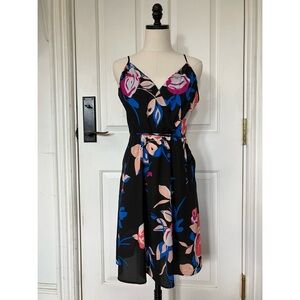 Yumi Kim Black & Floral Faux Wrap Mini Dress Size M